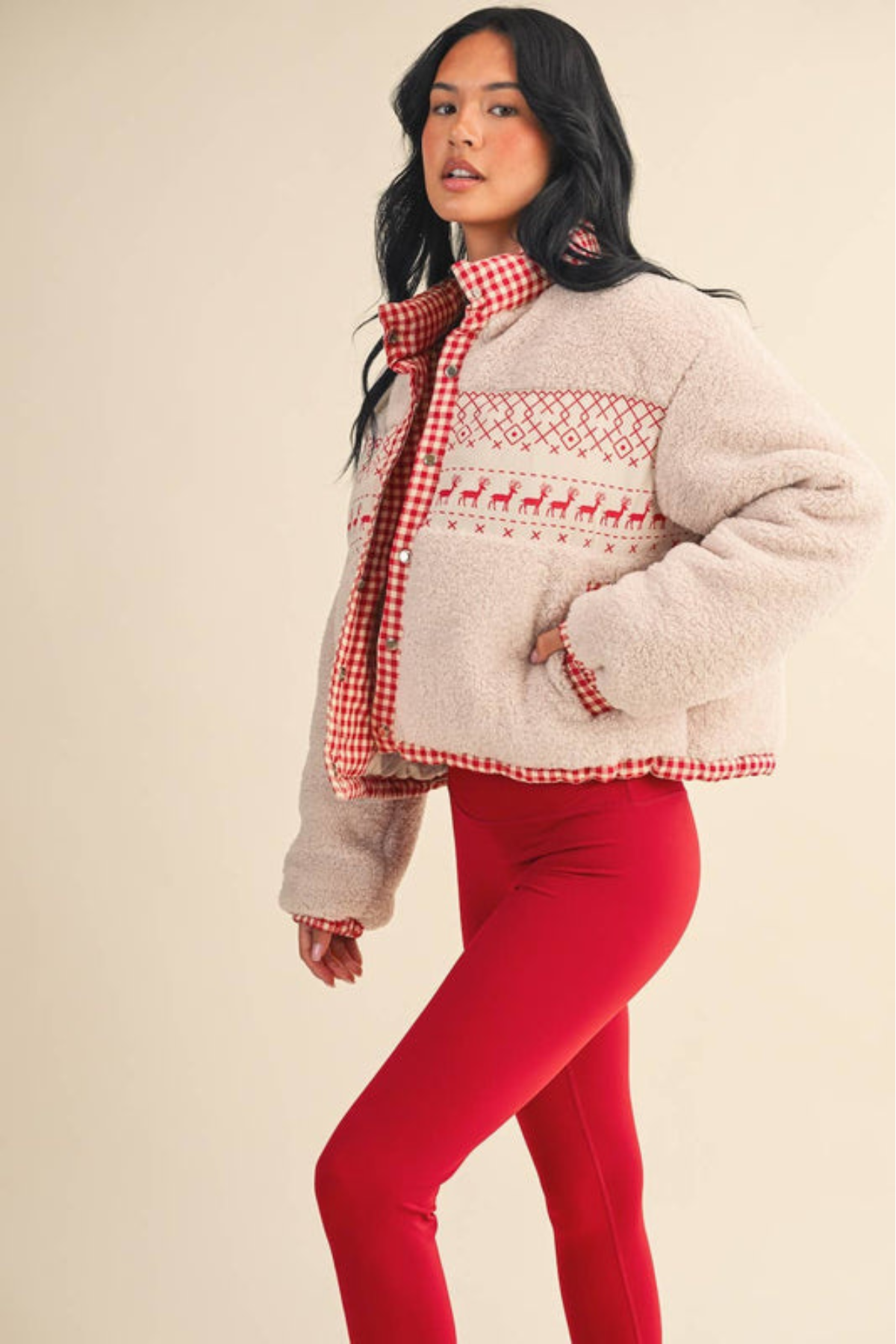 Cozy Sherpa Jacket with Gingham Lining and Holiday Trim