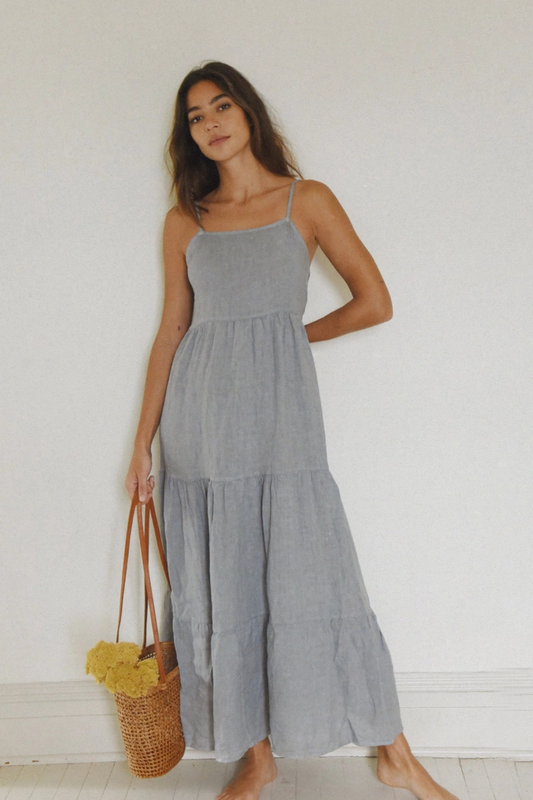 The Elora Sleeveless Blue Linen Maxi Dress
