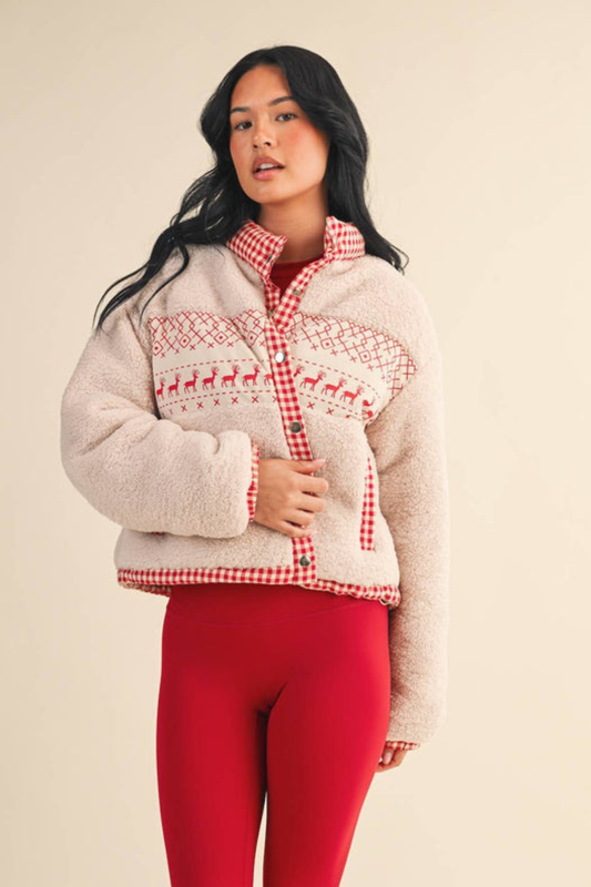 Cozy Sherpa Jacket with Gingham Lining and Holiday Trim