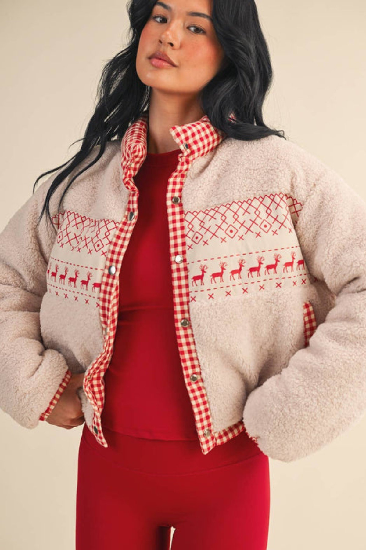 Cozy Sherpa Jacket with Gingham Lining and Holiday Trim
