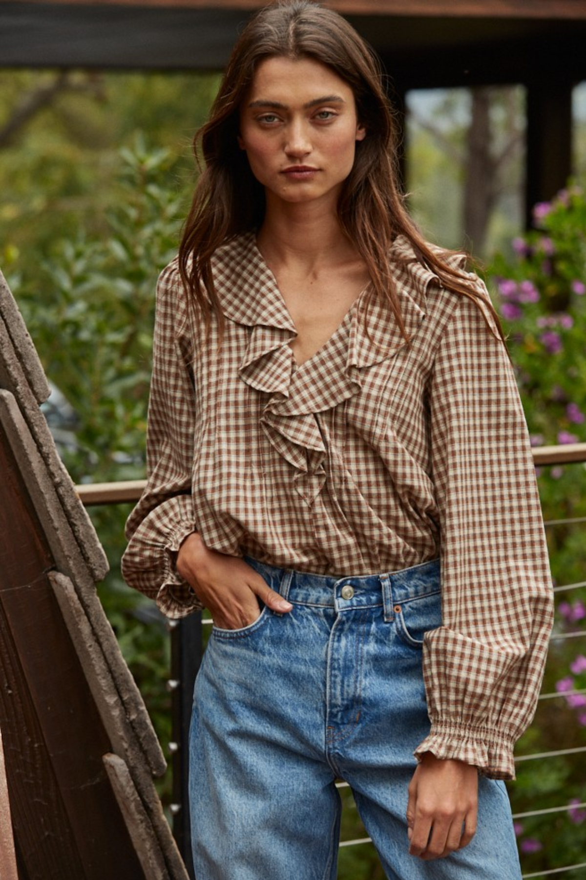 Woven Cotton Gingham Ruffled Blouse