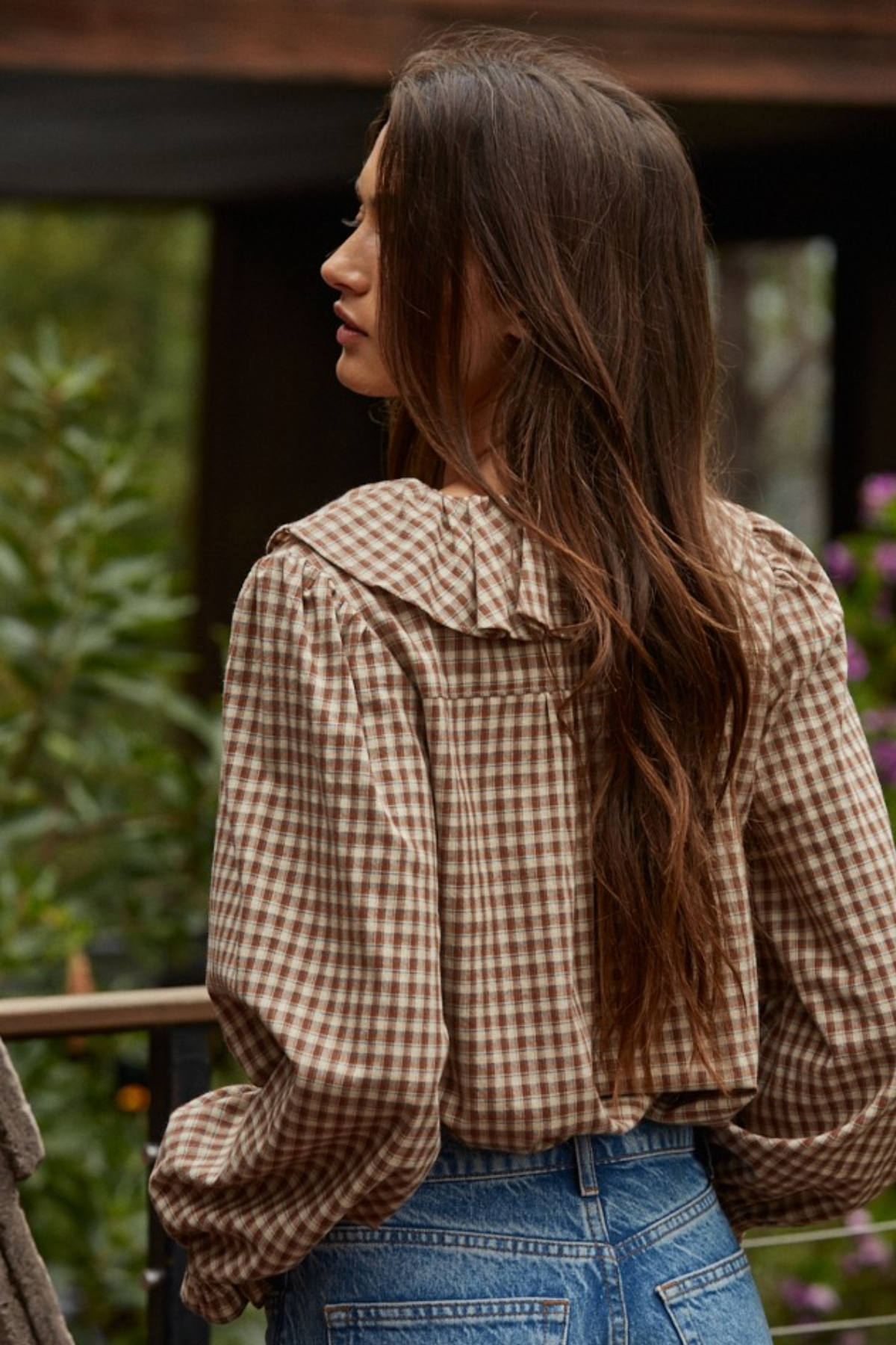Woven Cotton Gingham Ruffled Blouse
